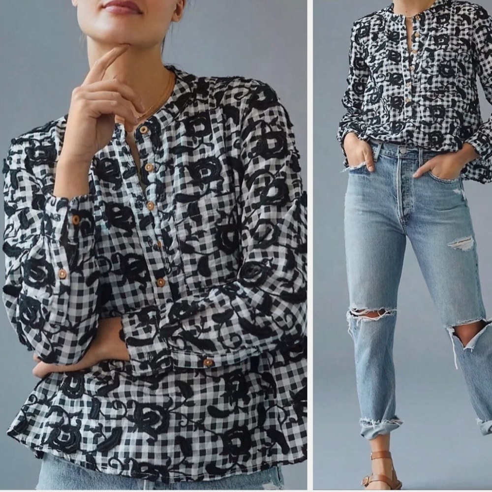 Anthropologie PILCRO Black and White Checkered Appliqué Top